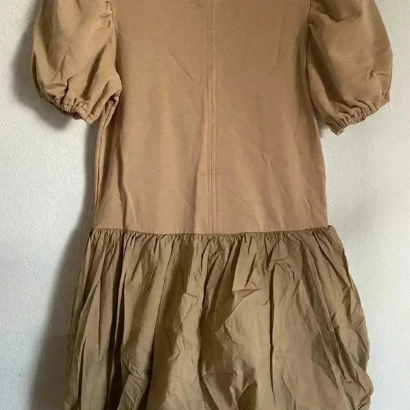 Impeccable Pig Mix Media Bubble Hem Puff Sleeve Tan Mini Coquette Party Dress S - Picture 5 of 11